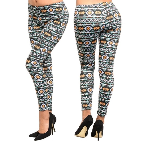 Pants - Aztec Black Mint Orange Pattern print Leggings